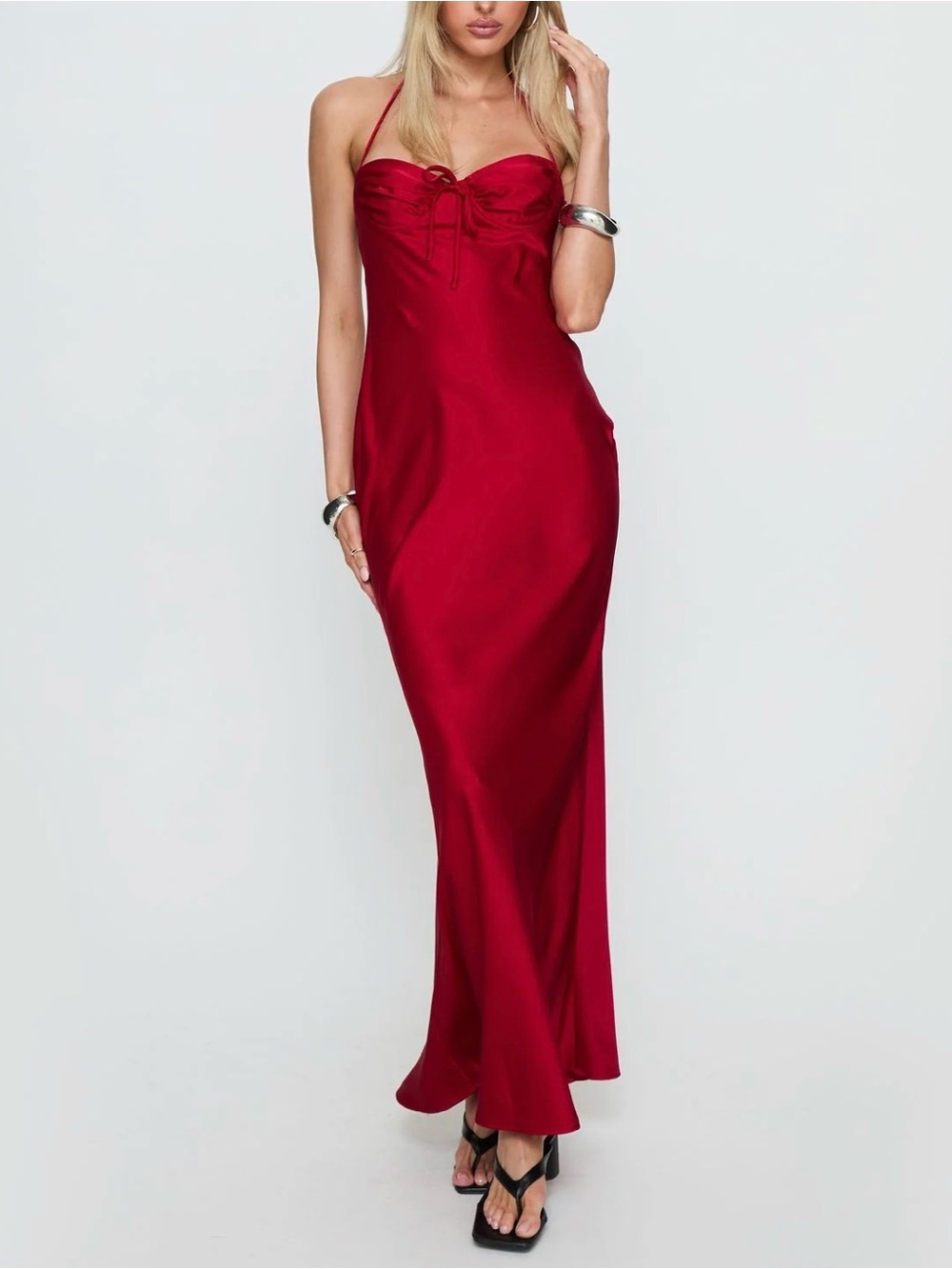 Red Satin Halter Maxi Dress